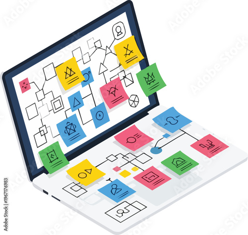 Isometric Laptop with Sticky Notes and Flowcharts for Agile Project Management and UX Design
