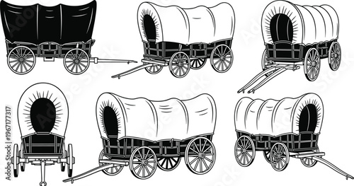 Set of six vintage covered pioneer wagons, wild west historical transportation, isolated black and white vector illustration on white background.