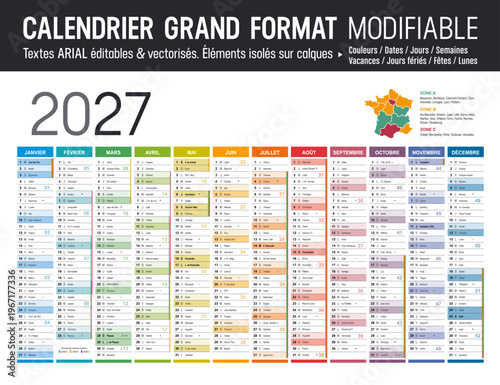 Calendrier Français 2026 modifiable vectoriel, grand format France, textes en Arial, éditables et vectorisés. Modèle personnalisable pour bureau.