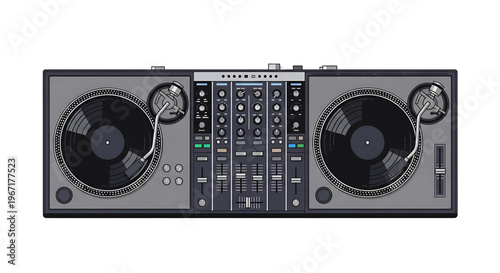 A vector graphic illustration of a professional DJ mixer with two turntables and a soundboard, designed in a modern flat style.