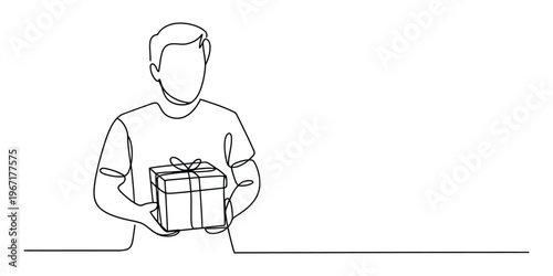 Minimalist One Line Drawing of Man Holding Gift Box