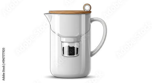 A sleek and modern glass coffee carafe with a wooden lid and handle on a white background