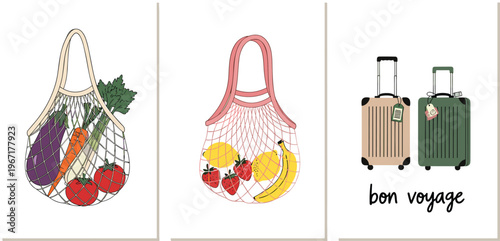 Eco Friendly Shopping Bags with Fruits and Vegetables and Travel Suitcases Illustration Set for Sustainable Lifestyle, Zero Waste, and Vacation Design