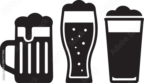 Beer Glass Silhouette Icon Set - Black Craft Beer Mug, Pilsner, and Pint Vector Illustrations