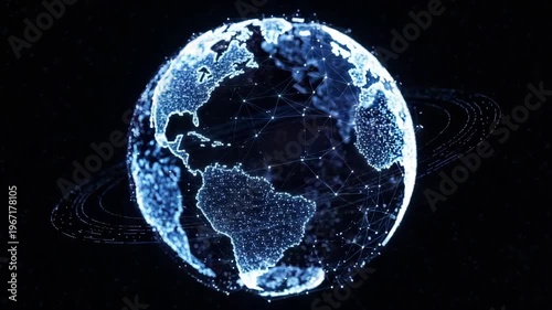 Glowing Digital Earth Globe Displaying Worldwide Connected Network Lines Orbiting Against Black Space Background For Showcasing Global Technology Data Visualization Concepts