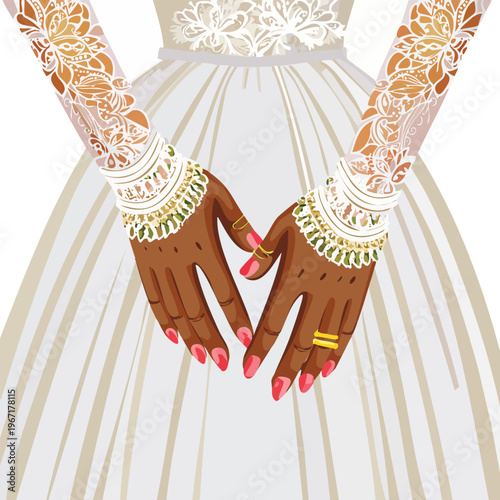 Brides hands forming heart shape with decorative bracelets and henna design
