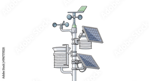 A detailed vector illustration of a modern weather station with solar panels and various sensors