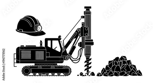 Heavy Duty Mining Drill Machine and Construction Safety Helmet Silhouette Vector Illustration