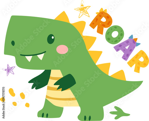 Cute dinosaurs with playful and childish lettering vector illustration for kids clothing, textile, baby print, nursery, kindergarten, room poster, book cover. Scandinavian style
