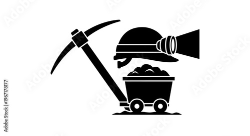 Mining Industry Vector Illustration with Pickaxe, Mine Cart and Safety Helmet with Headlamp