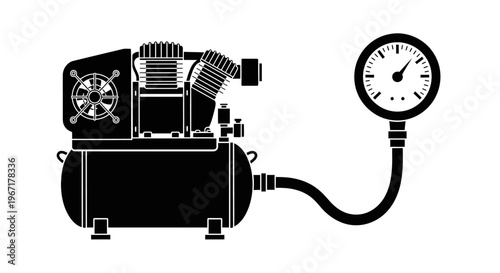 Industrial Air Compressor Machine and Pressure Gauge Meter Silhouette Vector Illustration