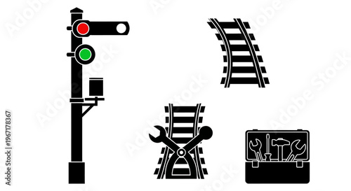 Railway Maintenance and Train Signal Vector Set with Track, Signal Light and Tool Box Silhouette