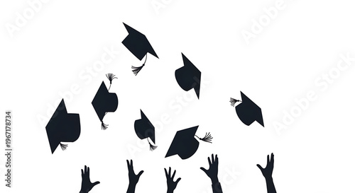 A minimalist vector graphic illustration of graduation caps and hands in celebration on a white background