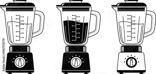 Blender silhouette and line art set, kitchen electric mixer icons for smoothie and juice making, household appliance collection isolated on white background