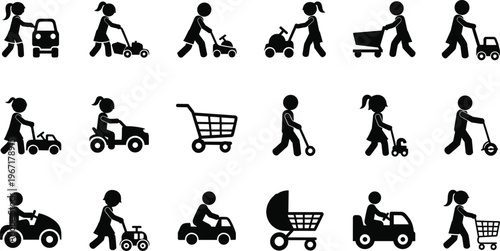 Vector set of black children icons playing with toy cars, shopping carts, strollers, and walkers for early childhood development themes.