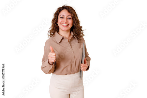 Happy business woman giving thumbs up, smiling, holding laptop, expressing success and achievement on transparent background