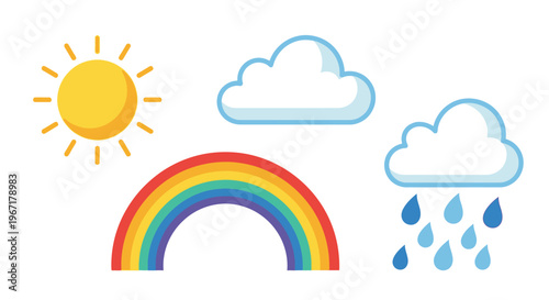 Colorful weather icons depicting sun clouds rainbow and raindrops