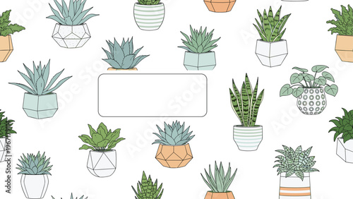 Seamless pattern of various potted succulent plants and cacti with a white rectangular frame for personalized text.