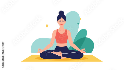 Relaxing illustration of a woman in a red top and blue leggings practicing yoga meditation in a peaceful lotus pose.
