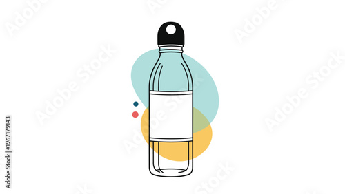 Stylized line art illustration of a reusable water bottle set against soft abstract blue and orange colored shapes.