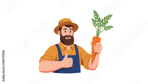 Friendly bearded farmer character wearing a hat and overalls holding a large fresh carrot and giving a happy thumb up.