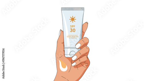 Practical illustration of a person hand holding a white tube of SPF 30 sunscreen with some cream on the skin.