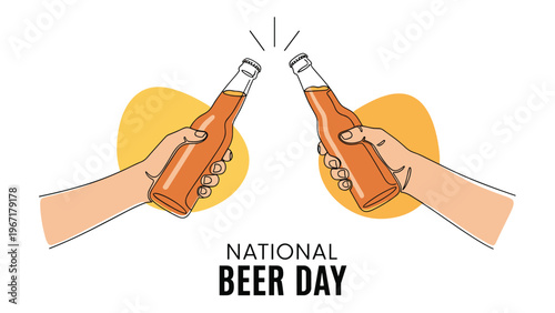 Hands clinking two amber beer bottles in a celebratory toast for National Beer Day celebration against a white background.