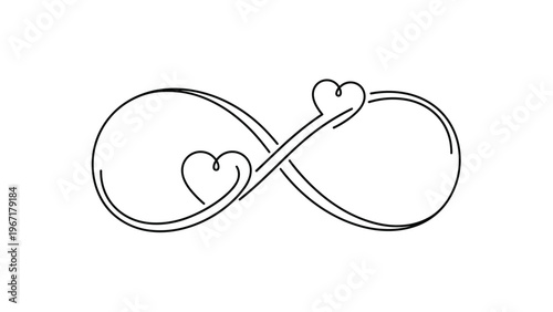 Elegant continuous line drawing of an infinity symbol intertwined with two delicate heart shapes for love and forever.