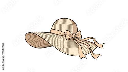 Classic wide-brimmed women straw hat decorated with a light beige ribbon and a pretty bow on a white background.