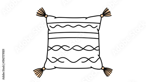 Decorative white square throw pillow featuring wavy line embroidery and corner tassels isolated on a plain white background.