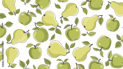 Vibrant seamless pattern of green apples and pears with leaves scattered on a white background for fruit and food themes.