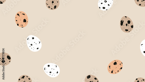 Minimalist seamless pattern of speckled quail eggs on a neutral beige background suitable for easter or natural food themes.