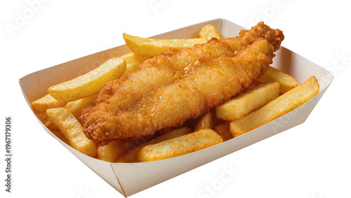 Crispy golden fried fish fillet with thick cut potato chips, served in a paper tray isolated on transparent background