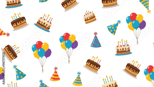 Colorful seamless pattern of birthday celebration icons including cakes with candles and balloons for party decorations.
