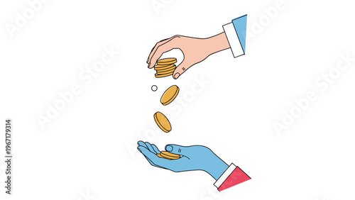 Conceptual illustration of two hands exchanging gold coins representing the act of giving charity or making a payment.