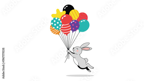 Cute cartoon bunny rabbit floating in the air while holding a large bunch of colorful patterned balloons for a greeting card.