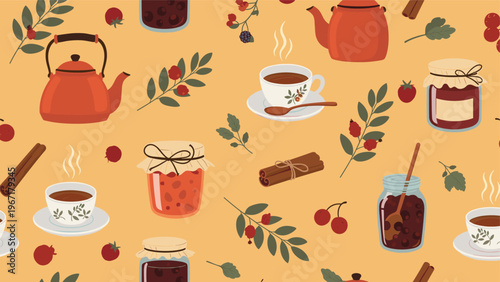 Cozy seamless pattern with autumn tea party elements like teapots jam jars and cinnamon sticks on a warm yellow backdrop.