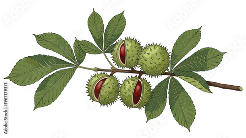 Realistic botanical illustration of a horse chestnut branch with green leaves and prickly seed pods showing brown nuts.