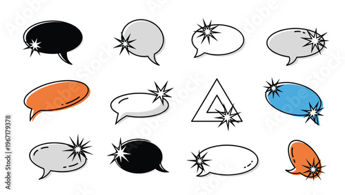 Collection of dynamic speech bubbles with starburst effects in various colors like orange and blue for comic book design.