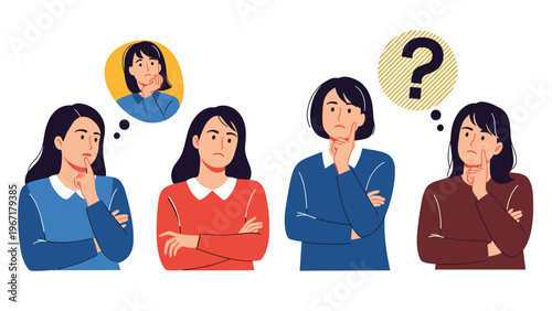 Group of women in different colored sweaters showing various thinking and doubtful facial expressions with thought bubbles.
