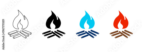 Campfire Icon Set, Bonfire Firewood Flame Camping Symbols, Outdoor Adventure Line and Solid Vector