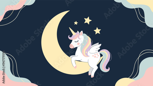 Beautiful illustration of a white unicorn with a pastel rainbow mane sitting on a crescent moon among twinkling stars.