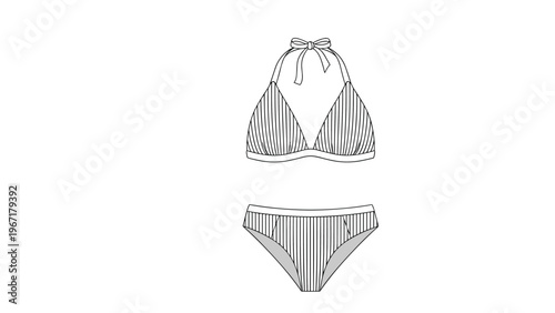 Simple black and white line art drawing of a striped two piece bikini swimsuit for summer fashion and swimwear design.