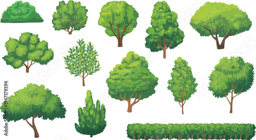 Green trees and bushes collection, decorative garden plants set, leafy foliage elements isolated vector illustration for landscaping, park design, and natural environment concepts