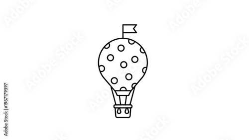 Simple black and white line art illustration of a polka dot hot air balloon with a small flag flying on a white background.