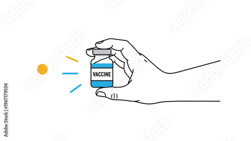 Line art illustration of a hand holding a medical vaccine vial with stylized light rays representing hope and health care.