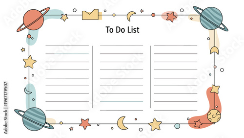 Creative space themed To Do List template with an illustrated border of planets stars and moons for daily task planning.
