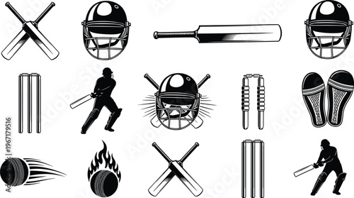 Cricket sports equipment icons set, black and white vector illustrations of bat, ball, helmet, wickets, and player silhouettes, isolated on white background