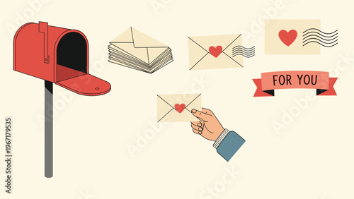 Romantic illustration of a red mailbox and envelopes with red hearts for love letters and special message delivery.