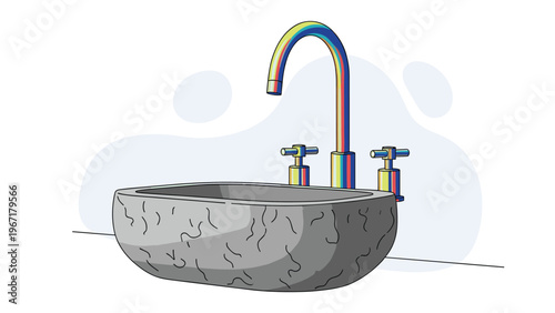 Modern bathroom sink design with a rustic stone basin and a sleek metallic faucet showing rainbow color reflections.